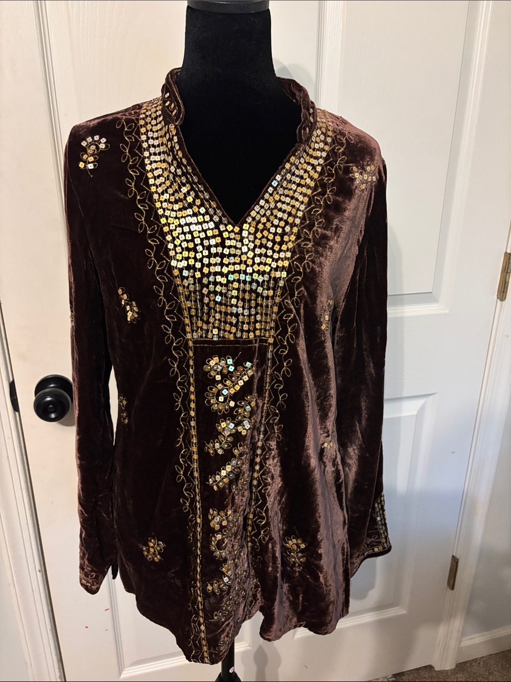 Beaded Velvet Tunic Blazer - Brown with Gold Embellishment M